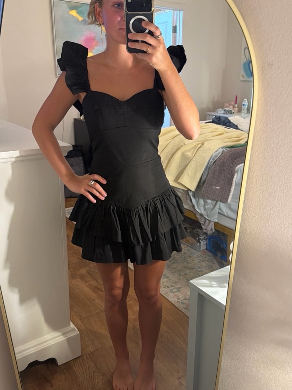 Black Ruffle Mini Dress with Sweetheart Neckline